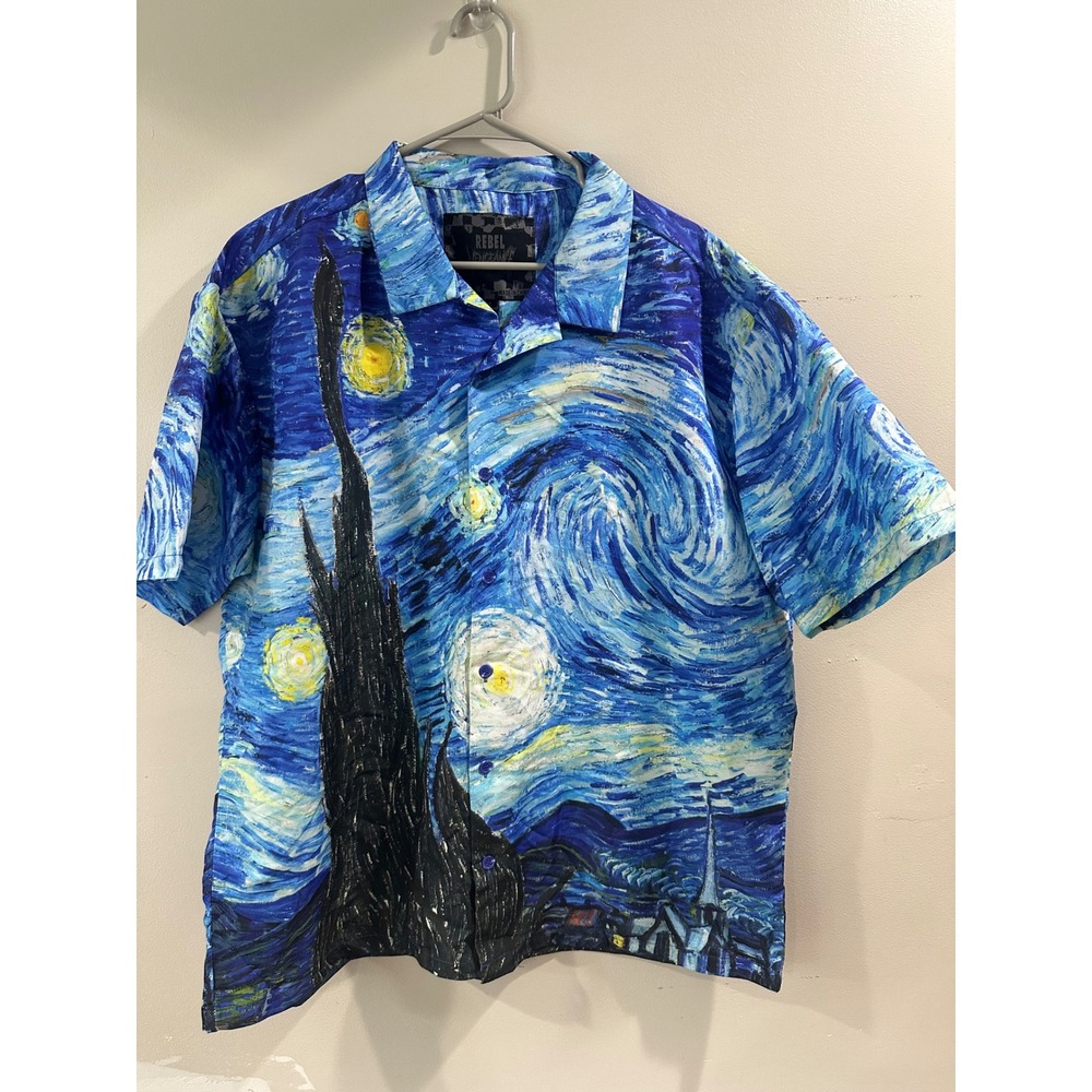Rebel Vengeance Starry Night Van Gogh Art Print Button Up Shirt Mens XL Blue